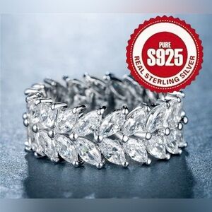 Sterling Silver Marquise White Gemstones Leaf Eternity Ring - Silver